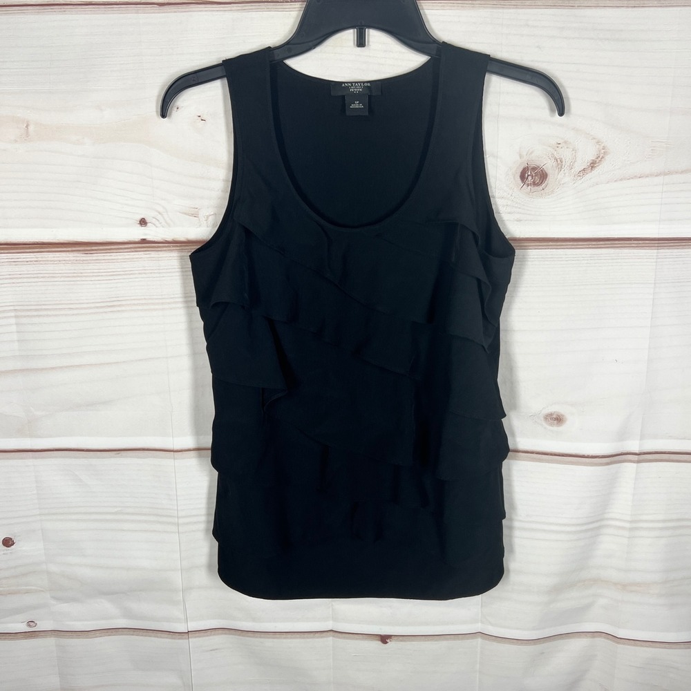 Ann Taylor Ruffle Tank Top Womens Size PS Black Solid Tiered Sleeveless Pullover